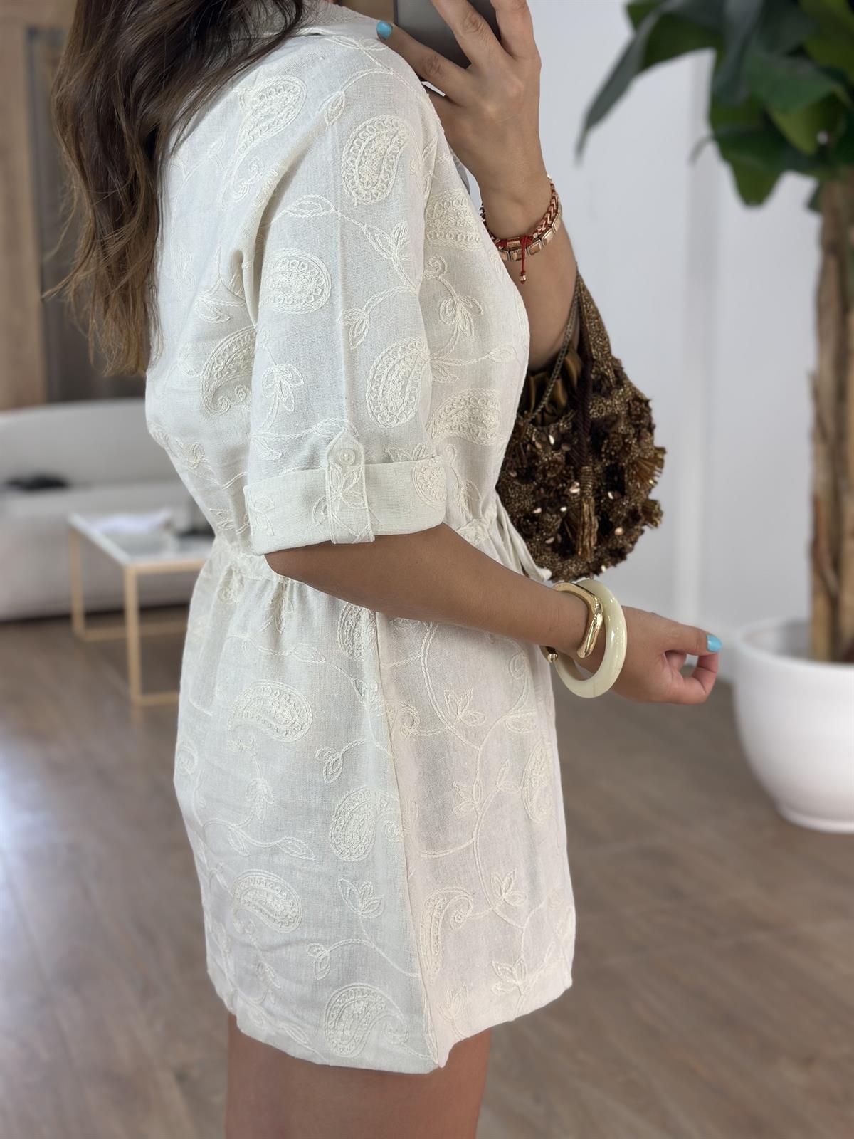 Beli Büzgülü Nakış Detay Keten Elbise 