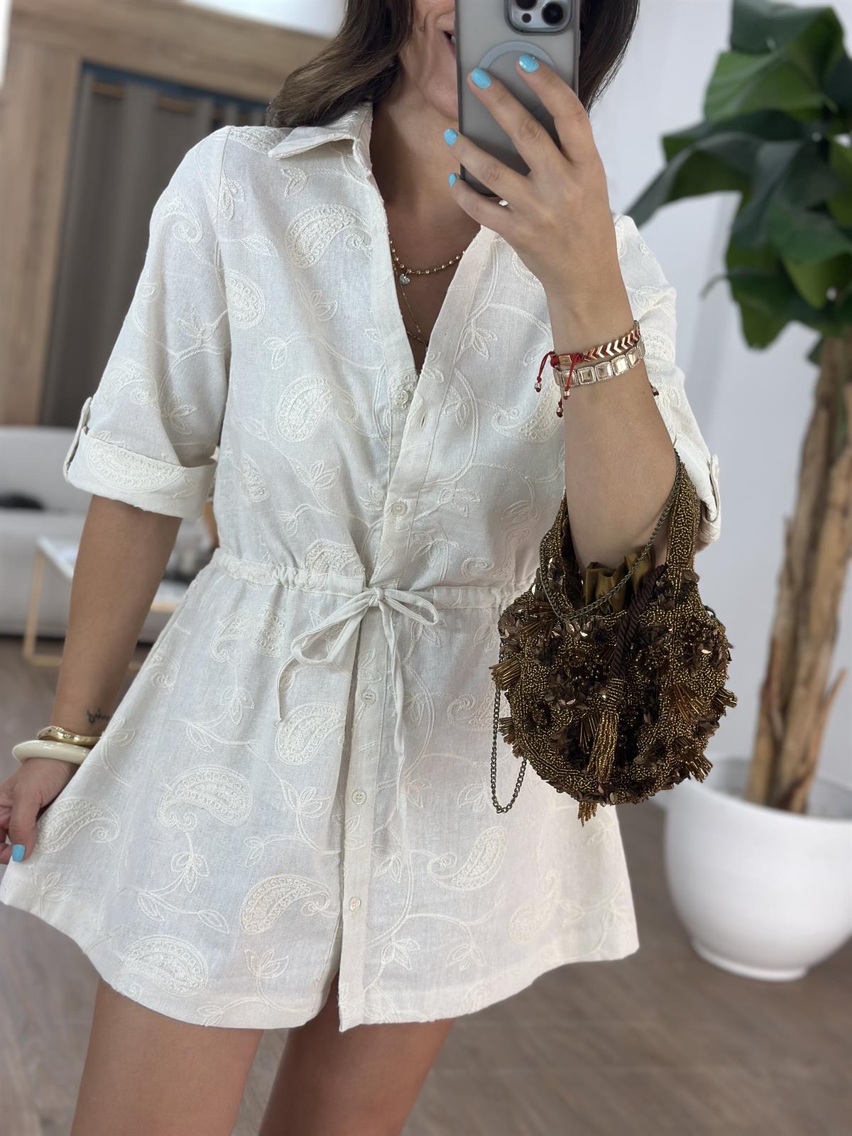 Beli Büzgülü Nakış Detay Keten Elbise 