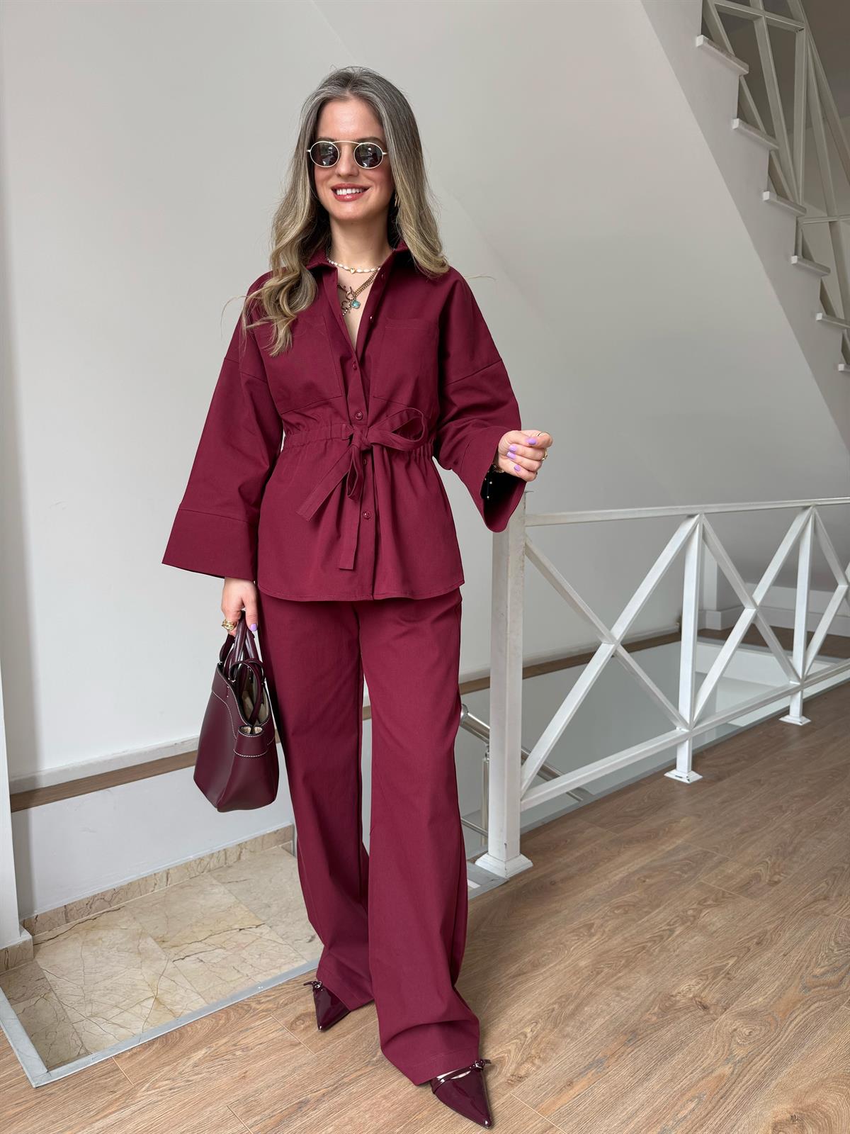 Beli Büzgülü Pantolon Gömlek Takım - Bordo