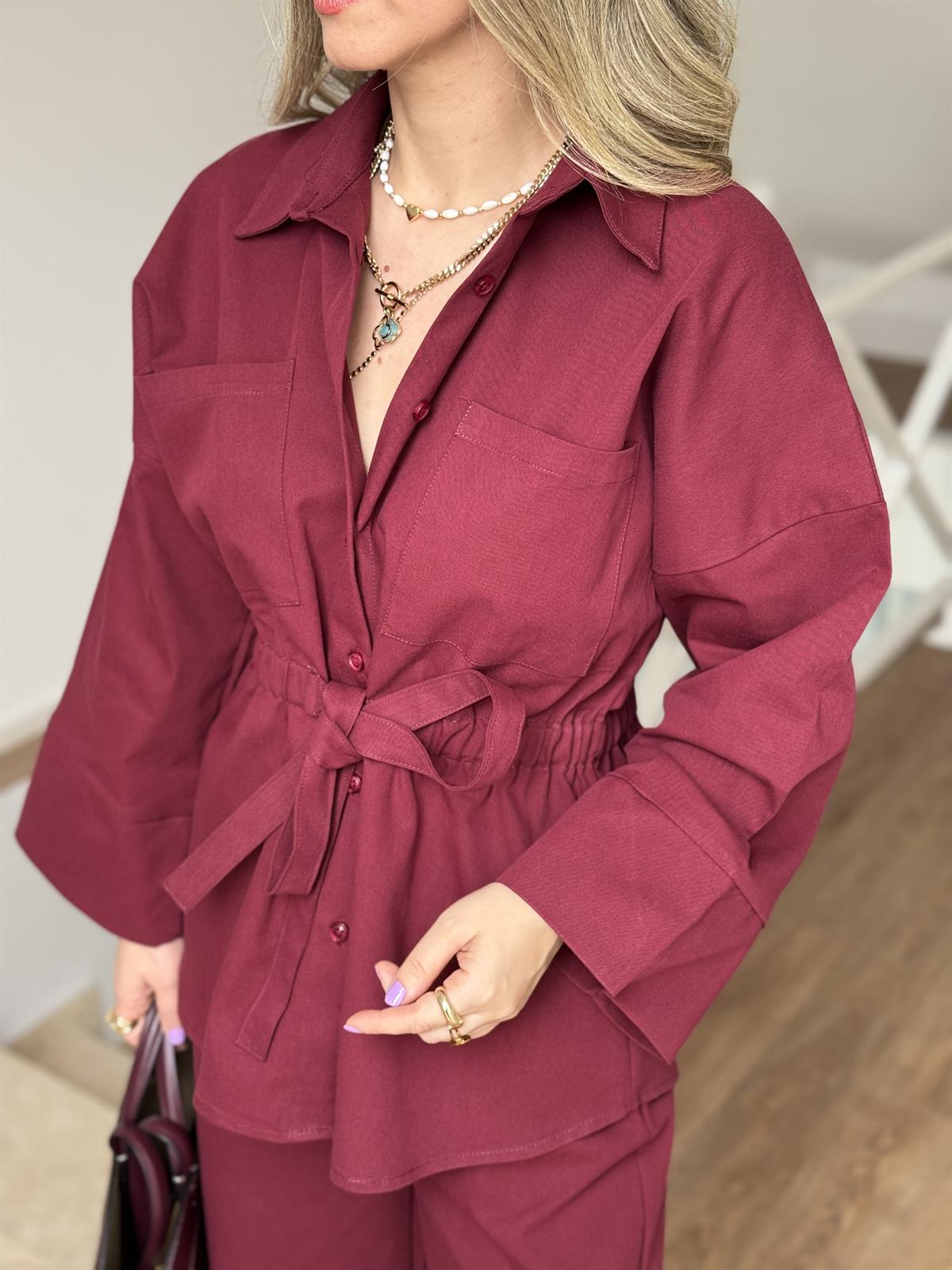 Beli Büzgülü Pantolon Gömlek Takım - Bordo