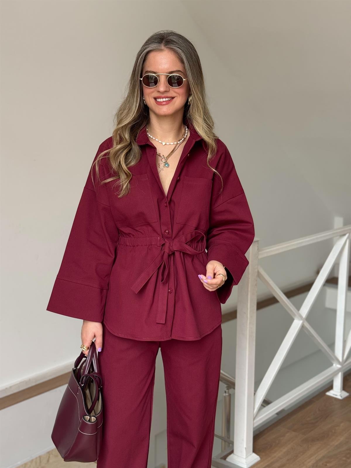 Beli Büzgülü Pantolon Gömlek Takım - Bordo