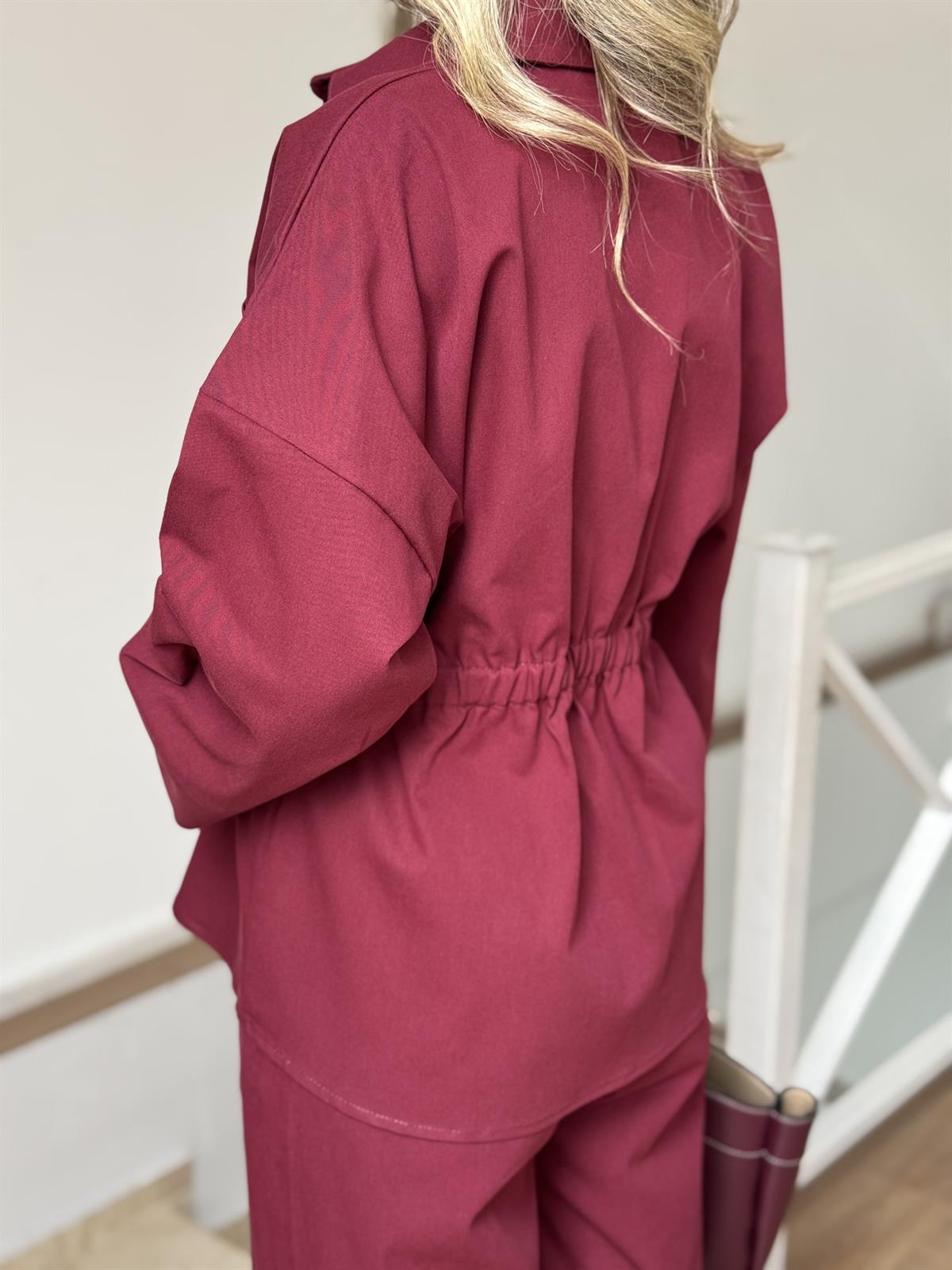 Beli Büzgülü Pantolon Gömlek Takım - Bordo