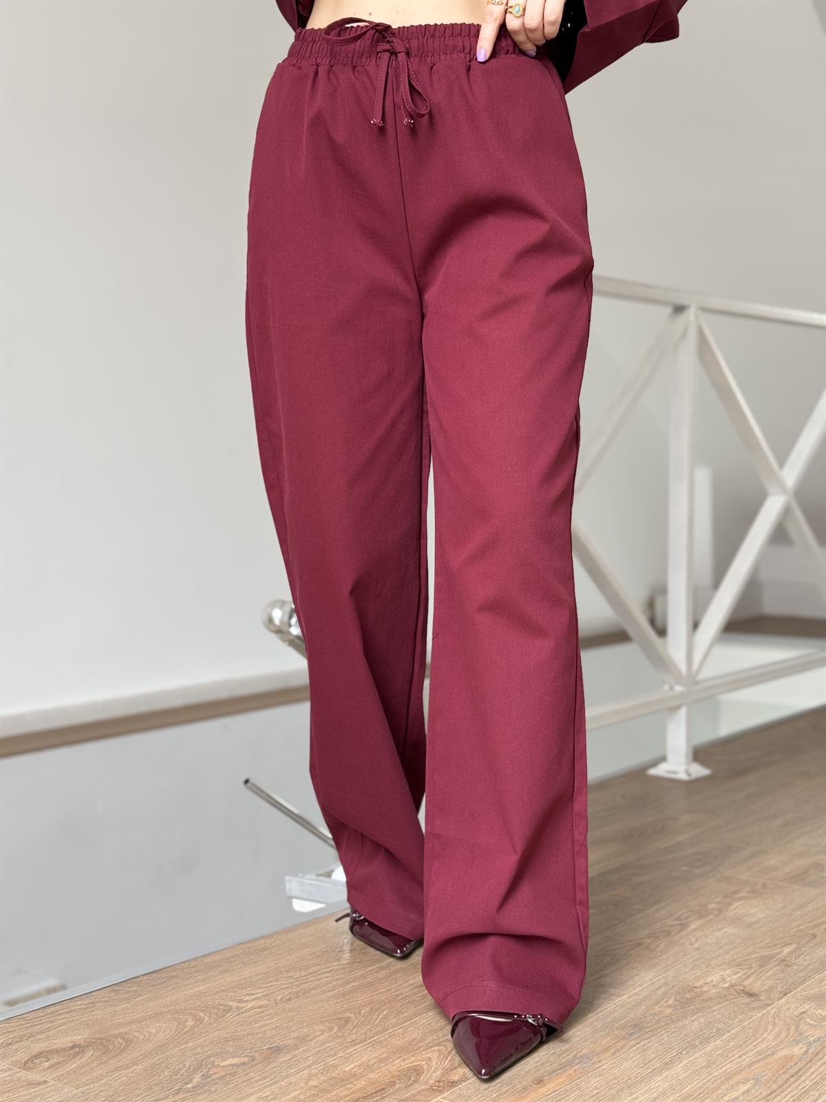Beli Büzgülü Pantolon Gömlek Takım - Bordo