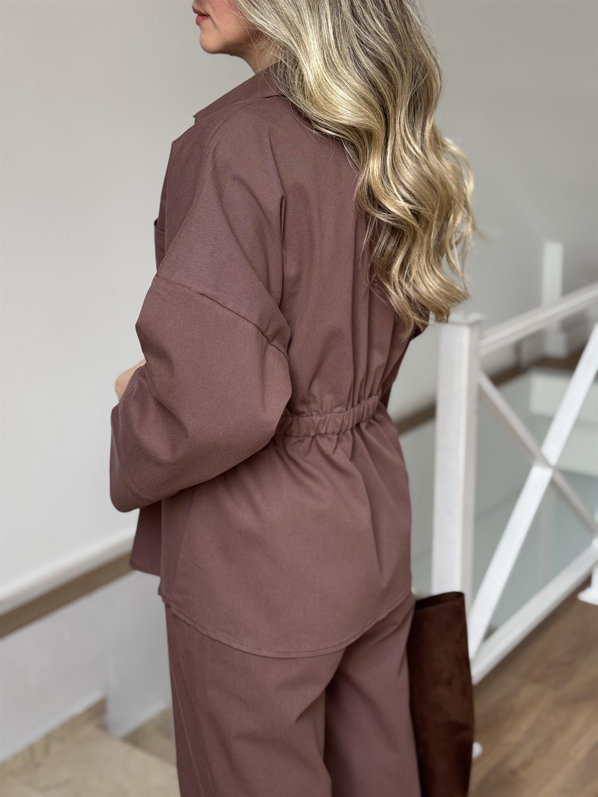 Beli Büzgülü Pantolon Gömlek Takım - Kahverengi