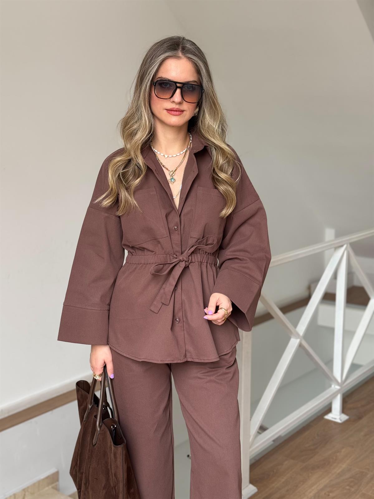 Beli Büzgülü Pantolon Gömlek Takım - Kahverengi