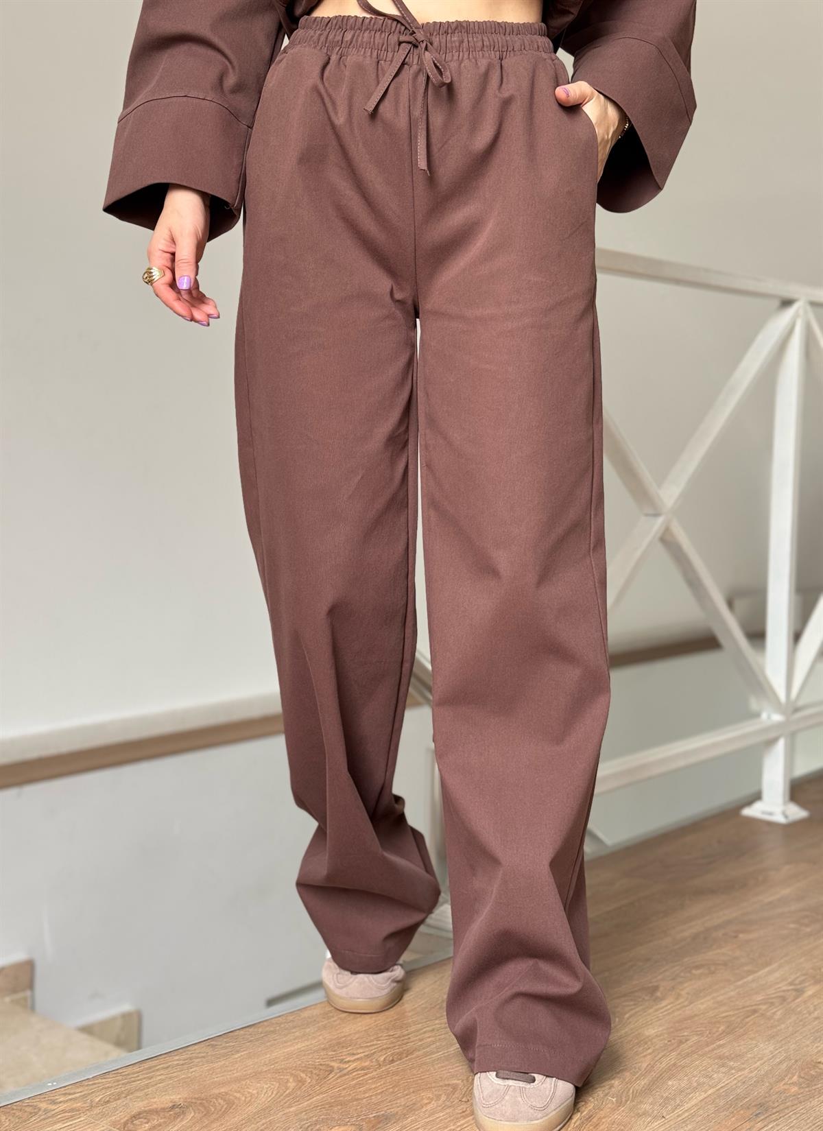 Beli Büzgülü Pantolon Gömlek Takım - Kahverengi