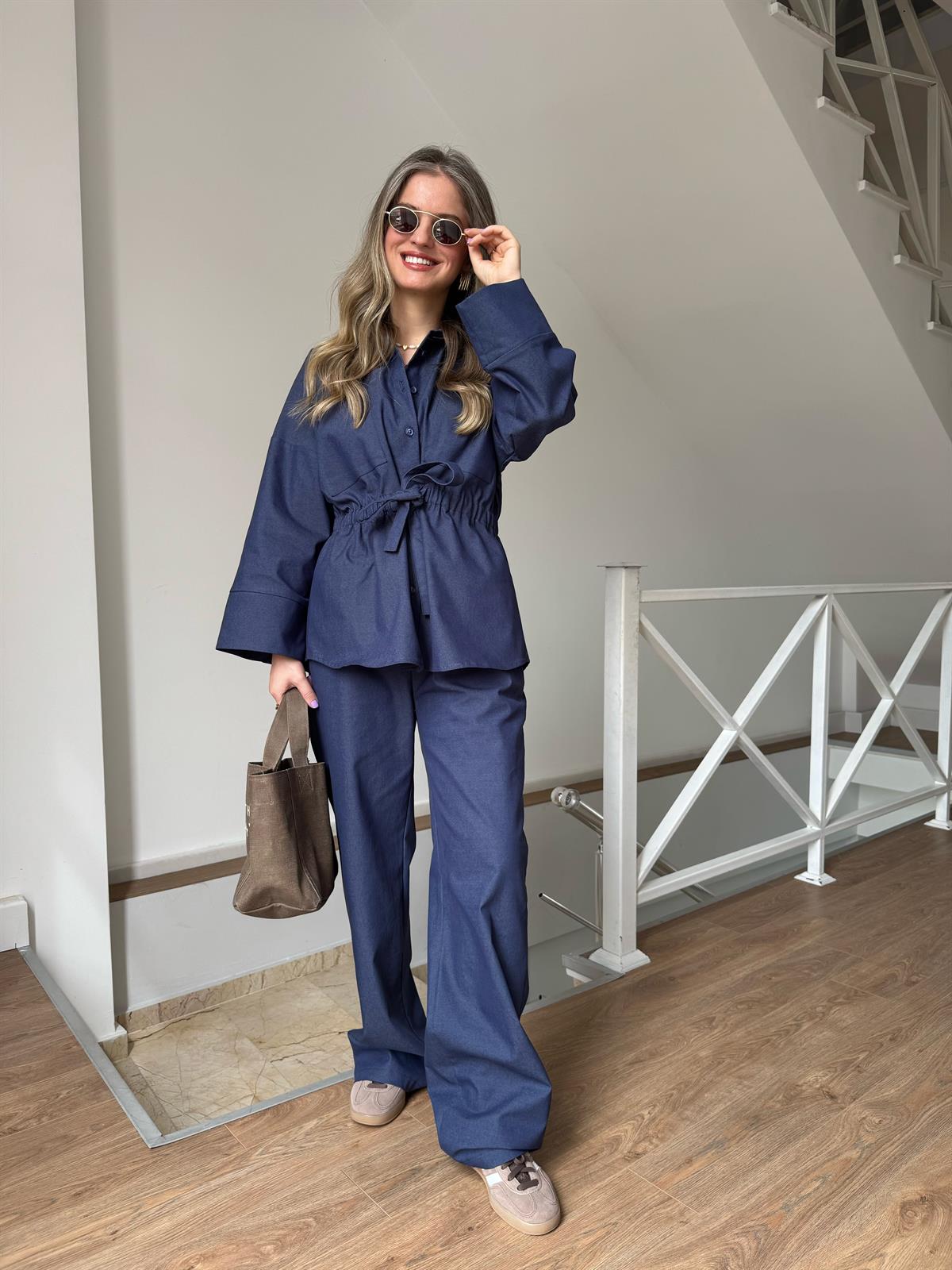 Beli Büzgülü Pantolon Gömlek Takım - Lacivert