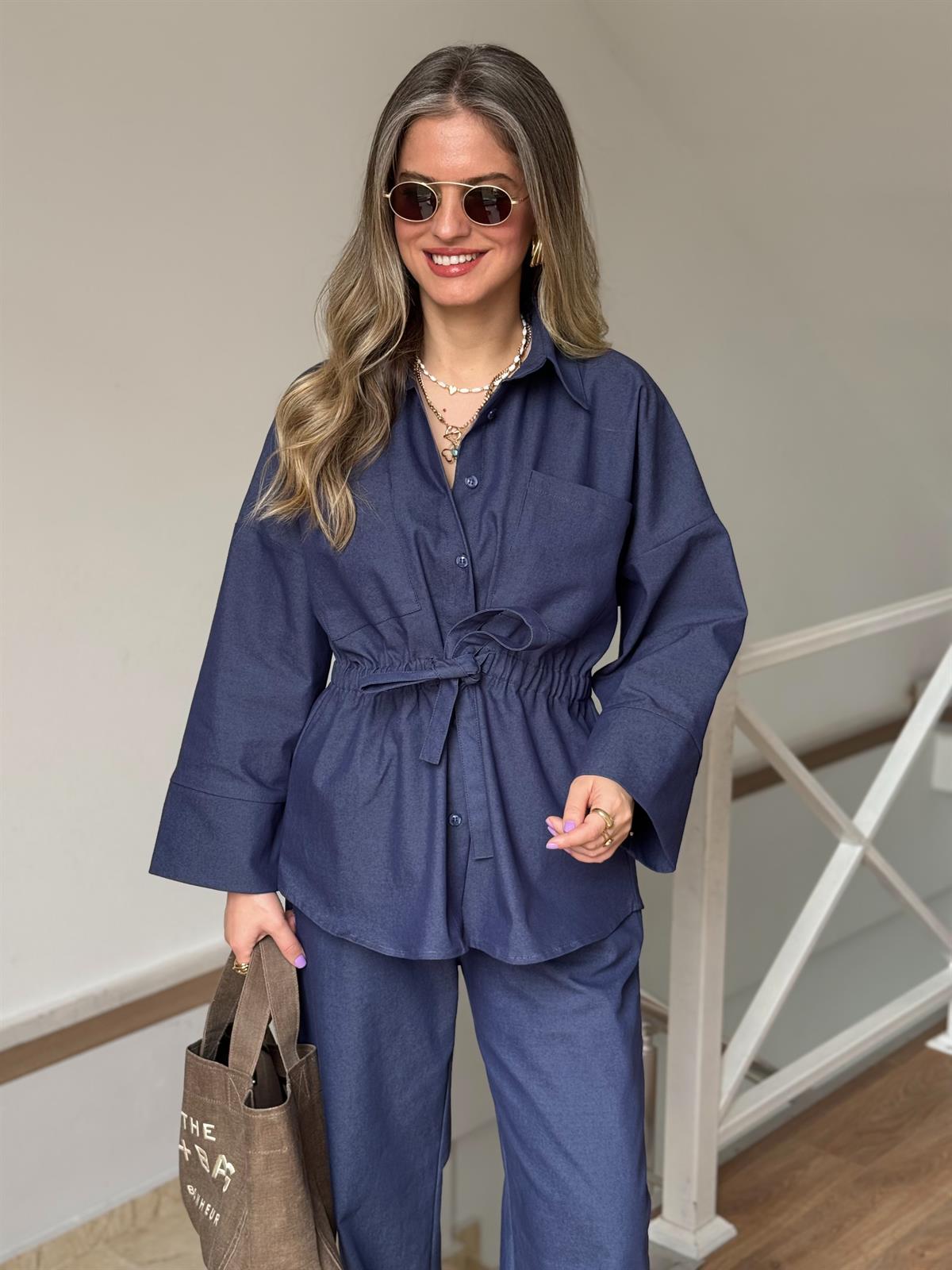 Beli Büzgülü Pantolon Gömlek Takım - Lacivert