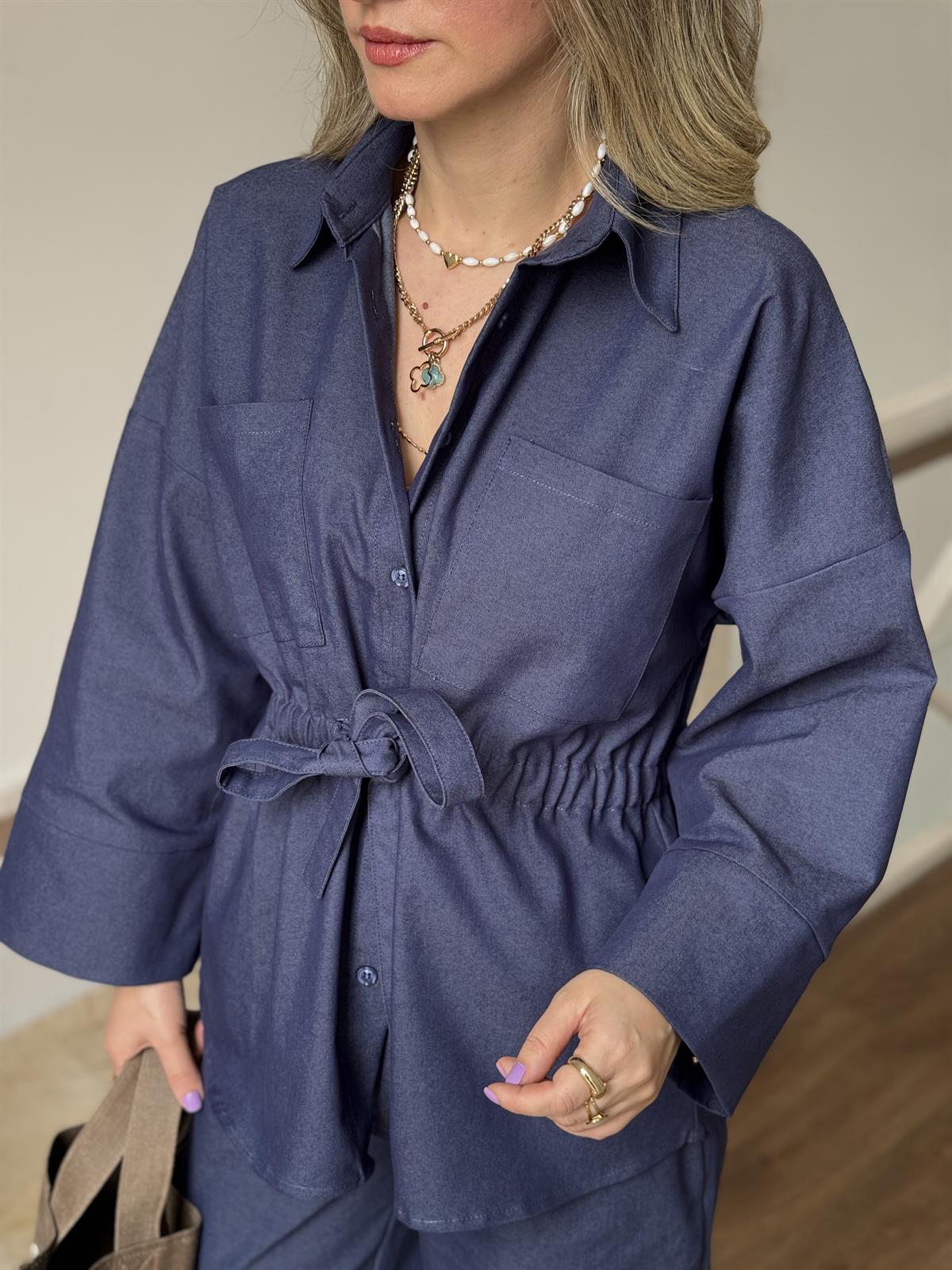 Beli Büzgülü Pantolon Gömlek Takım - Lacivert