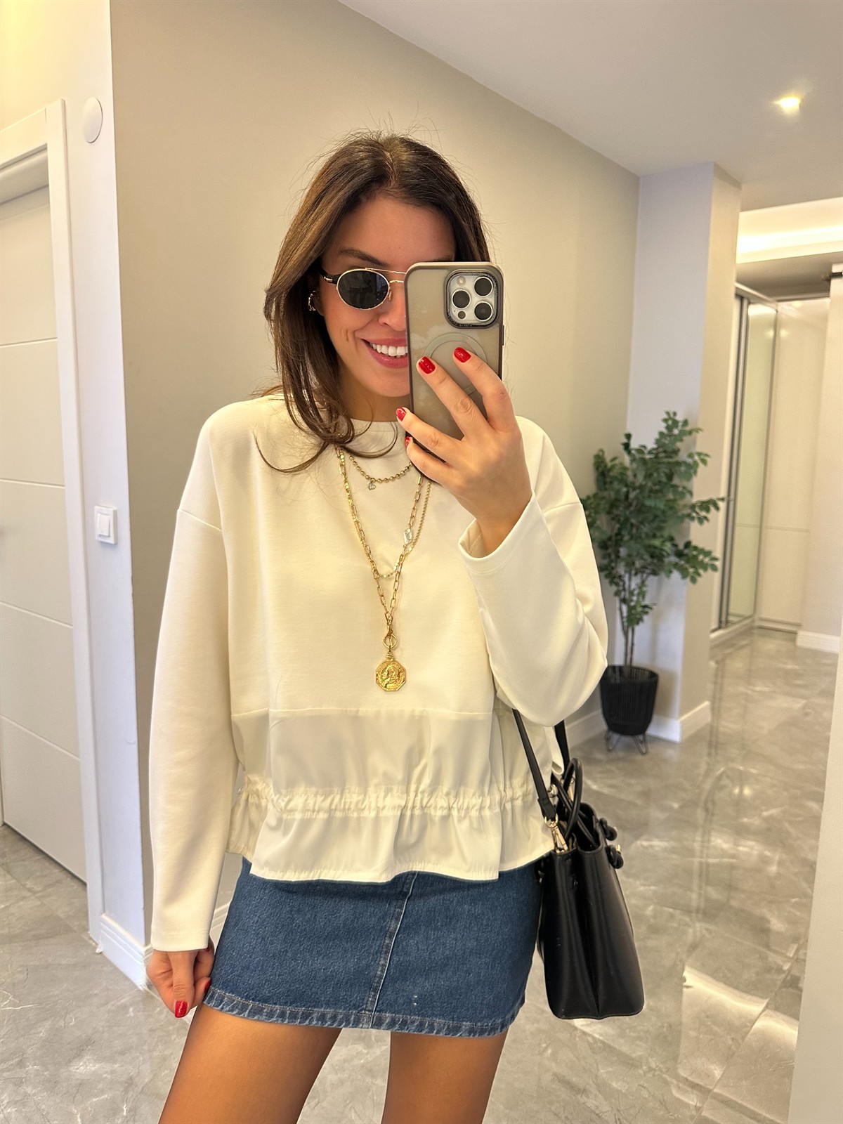 Beli Büzgülü Sweatshirt - Ekru