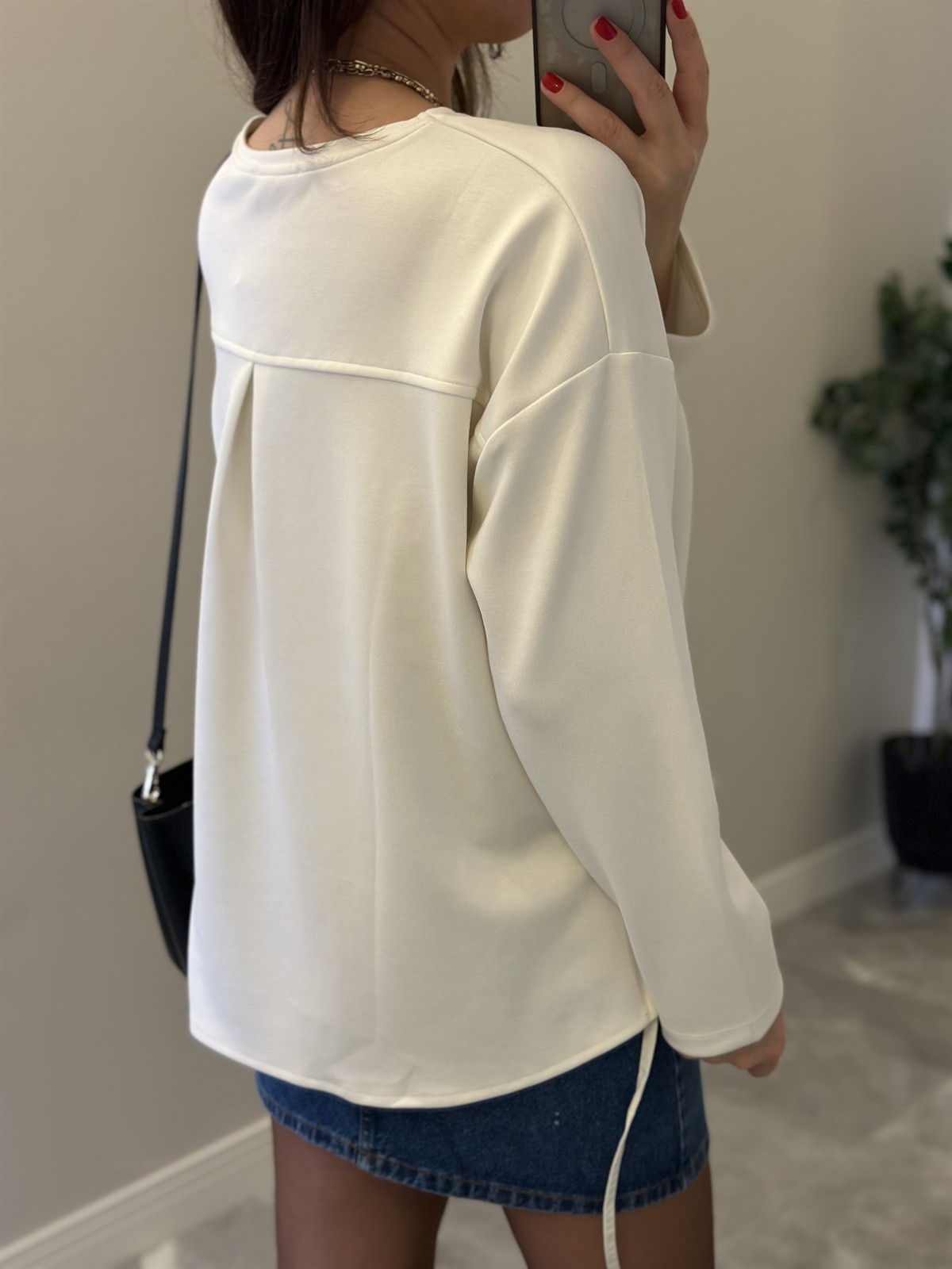 Beli Büzgülü Sweatshirt - Ekru