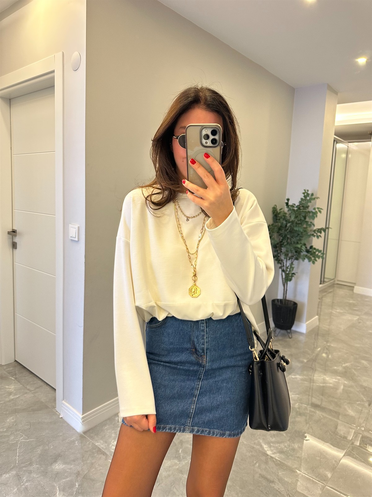 Beli Büzgülü Sweatshirt - Ekru