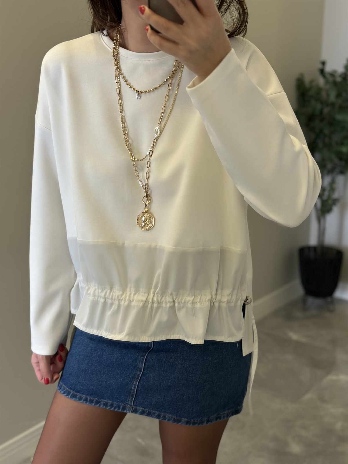 Beli Büzgülü Sweatshirt - Ekru