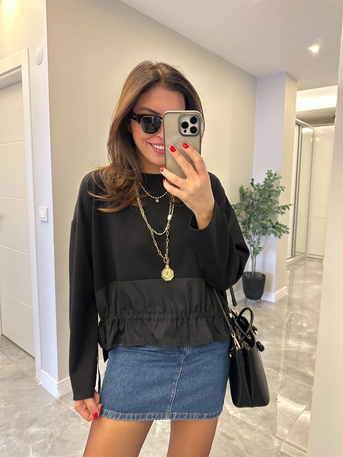 Beli Büzgülü Sweatshirt - Siyah