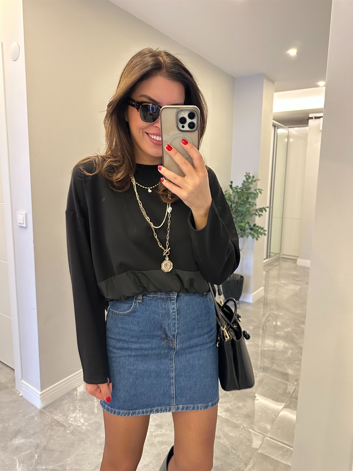 Beli Büzgülü Sweatshirt - Siyah