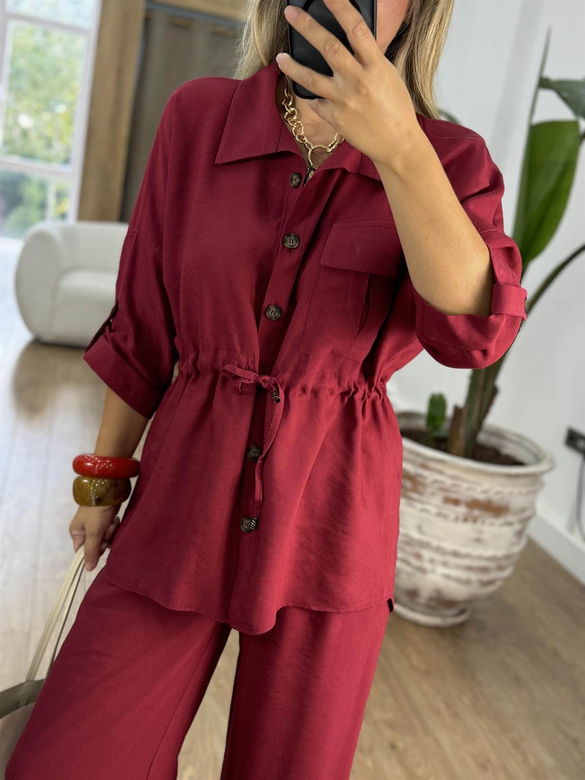 Beli Büzgülü Takım-Bordo