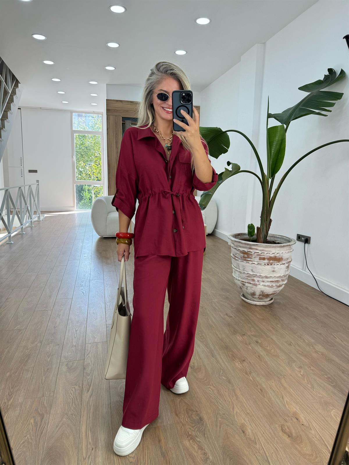 Beli Büzgülü Takım-Bordo