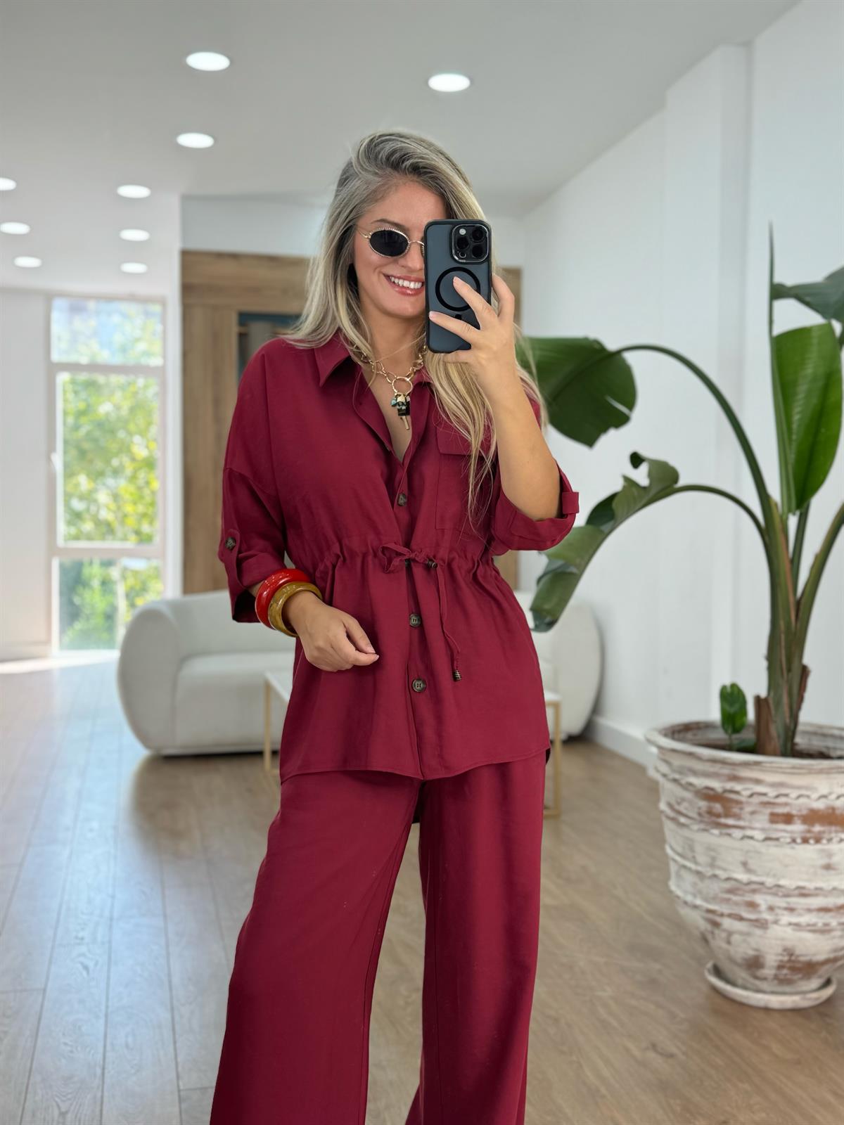 Beli Büzgülü Takım-Bordo