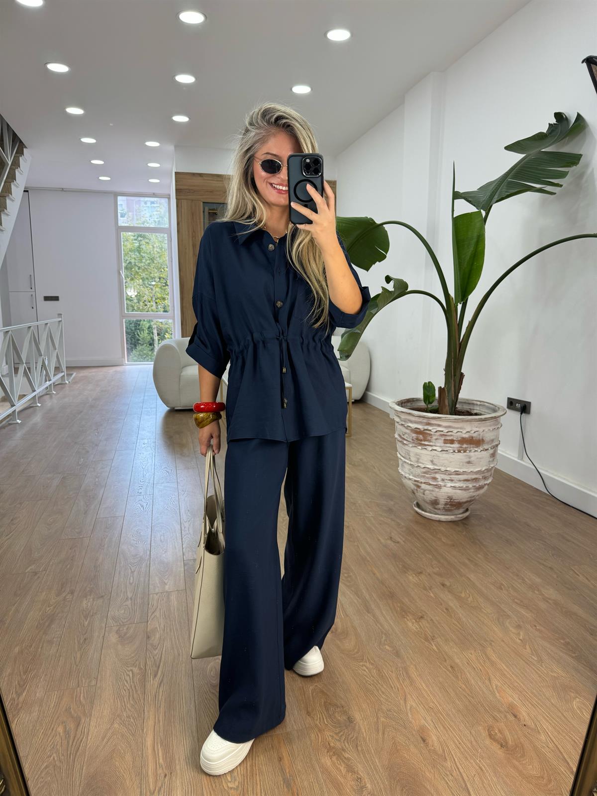 Beli Büzgülü Takım-Lacivert