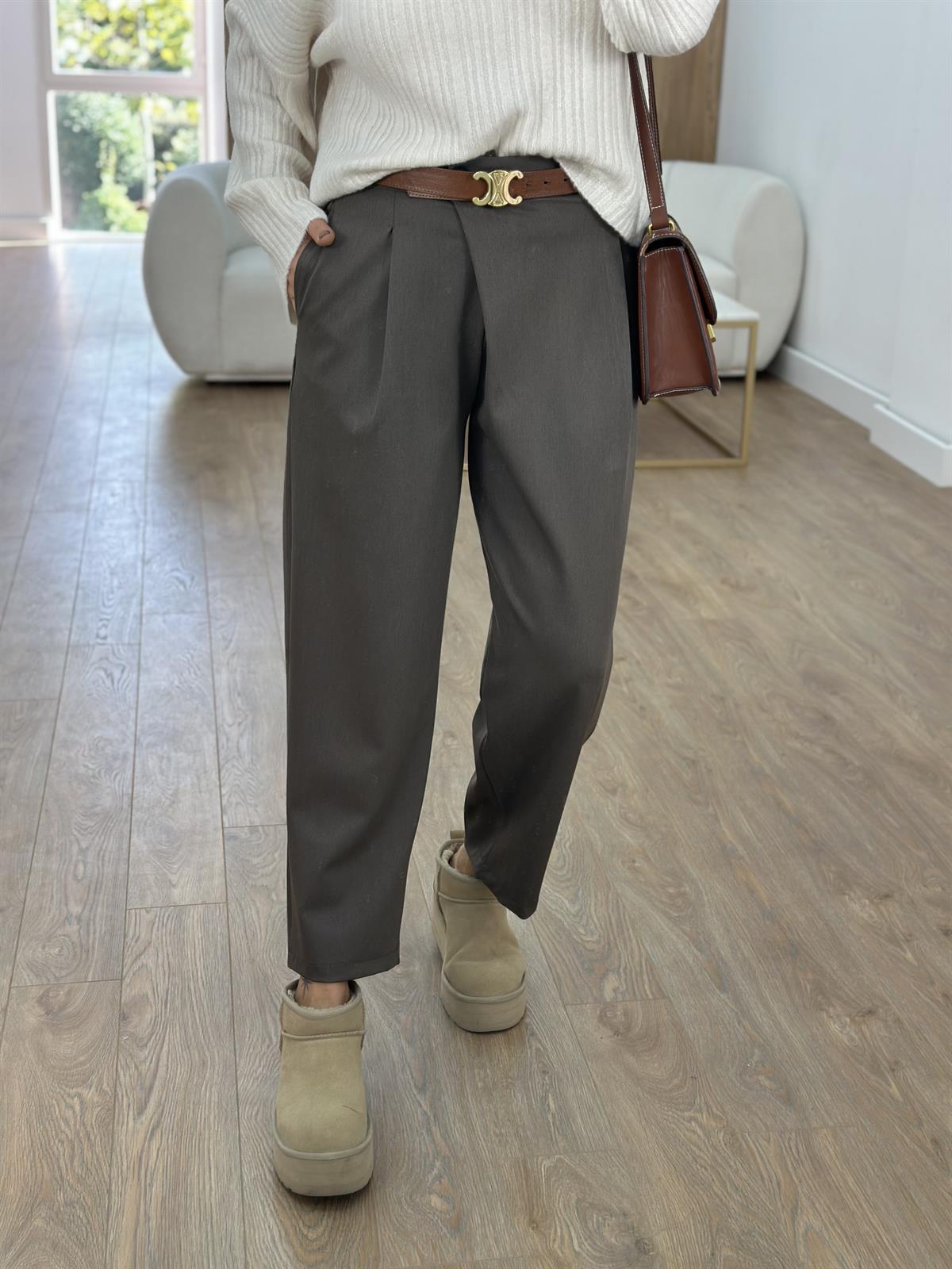 Beli Çapraz Kapama Havuç Pantolon-Kahverengi