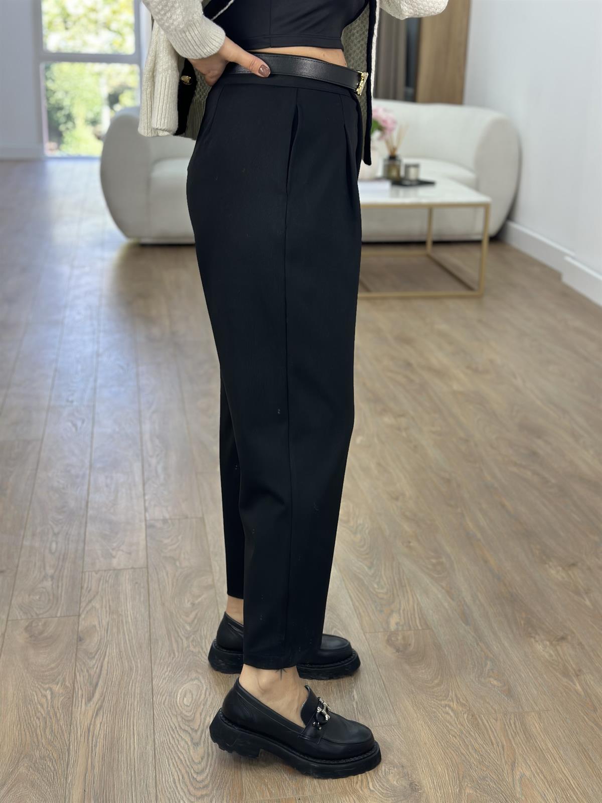 Beli Çapraz Kapama Havuç Pantolon-Siyah