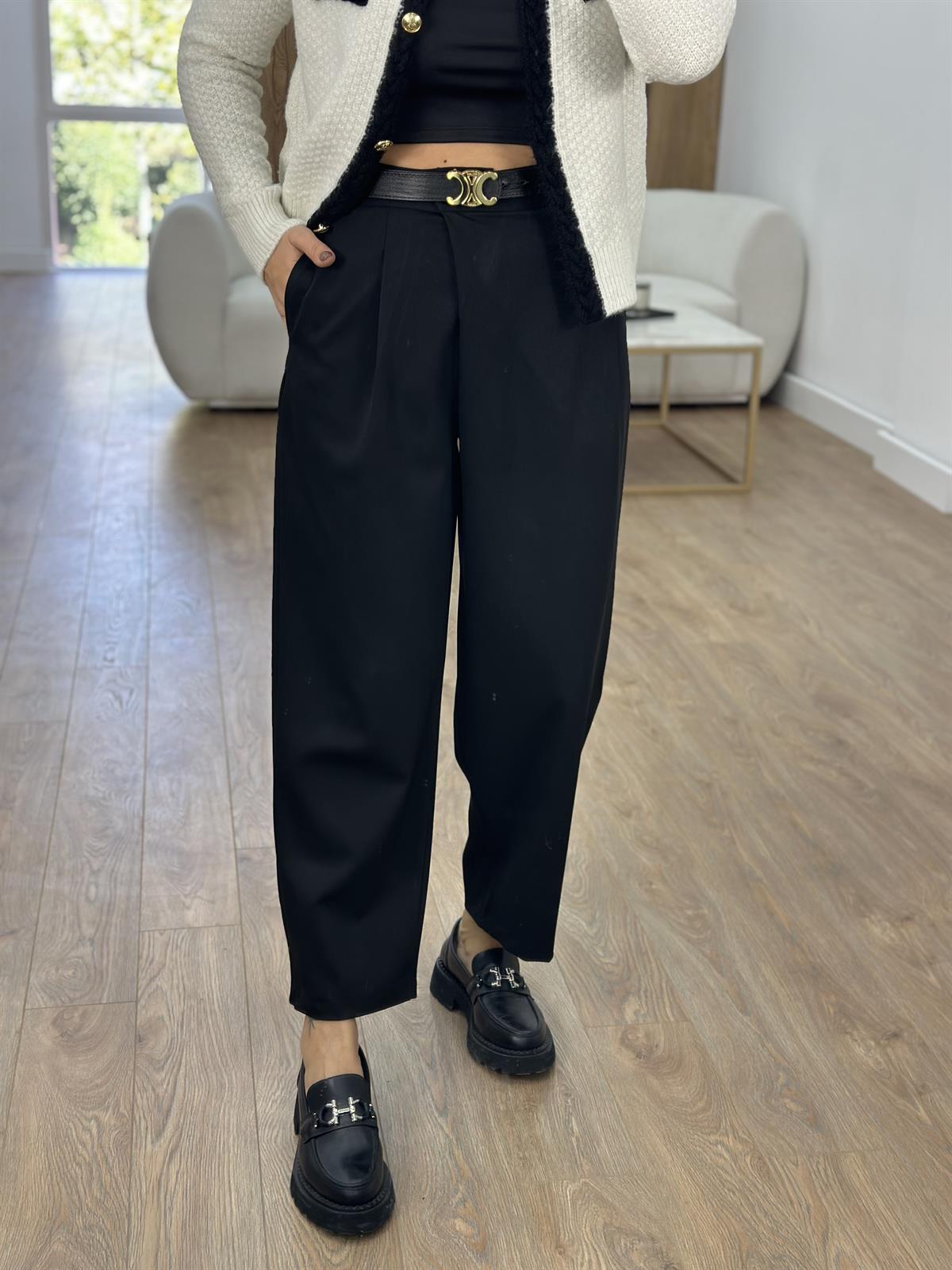 Beli Çapraz Kapama Havuç Pantolon-Siyah