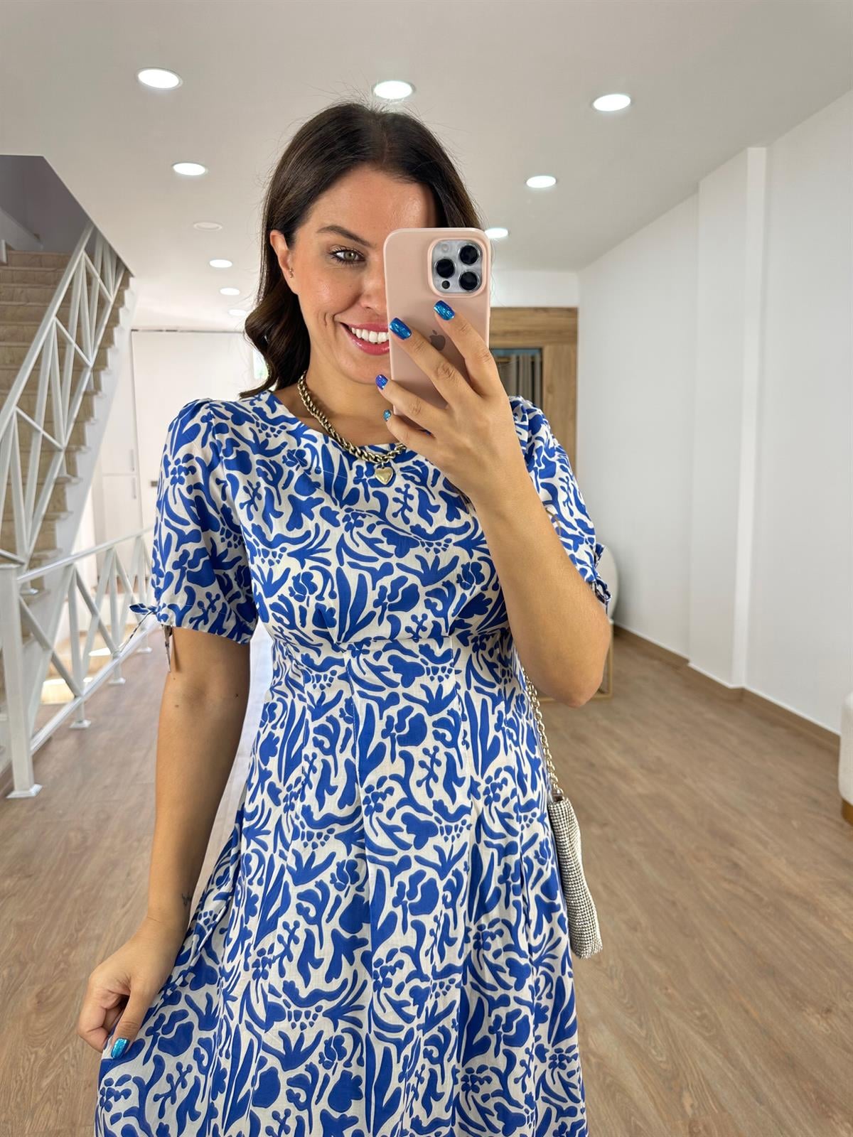 Beli Dikiş Detaylı Kısa Kol Elbise-Mavi