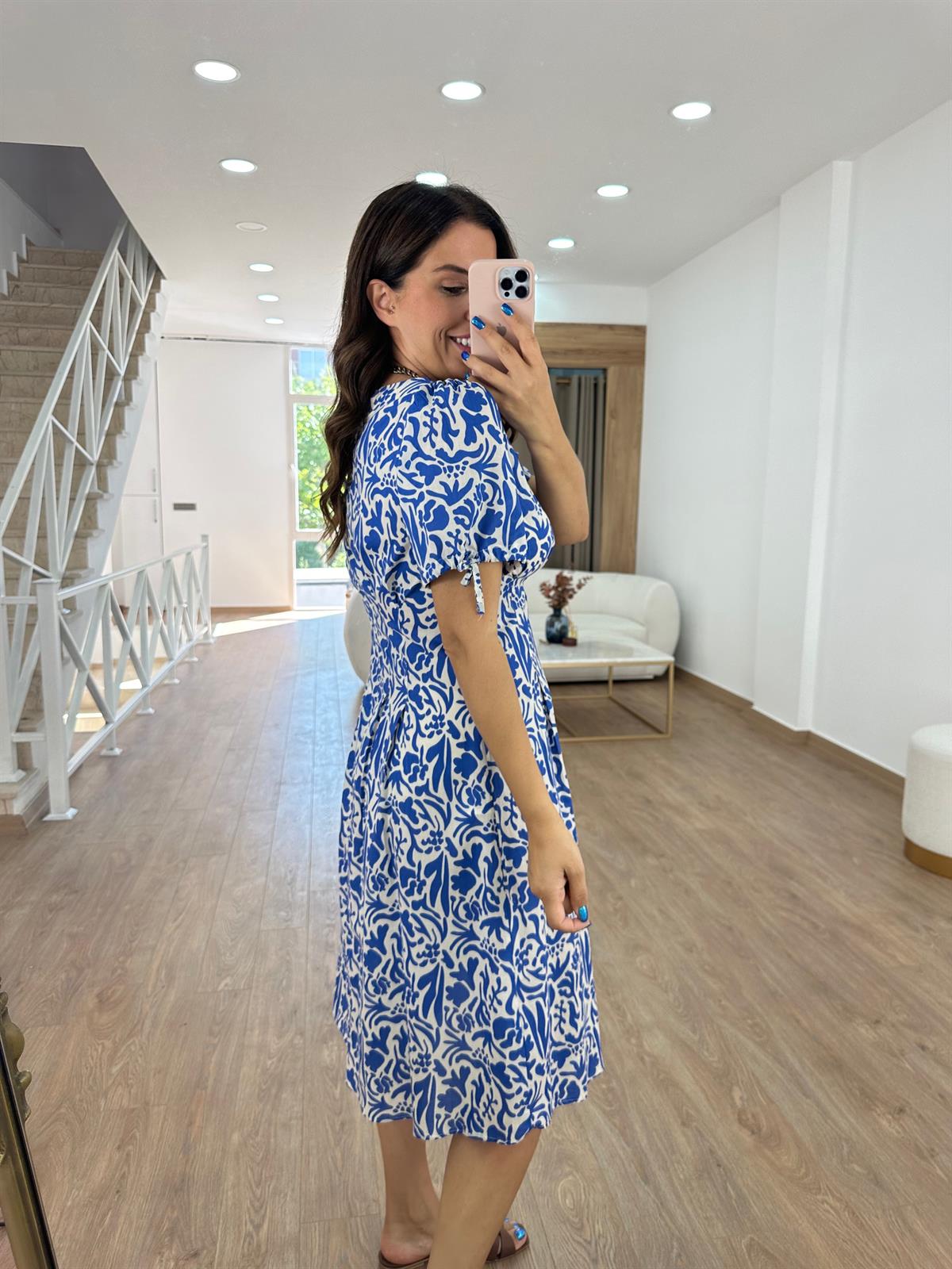 Beli Dikiş Detaylı Kısa Kol Elbise-Mavi