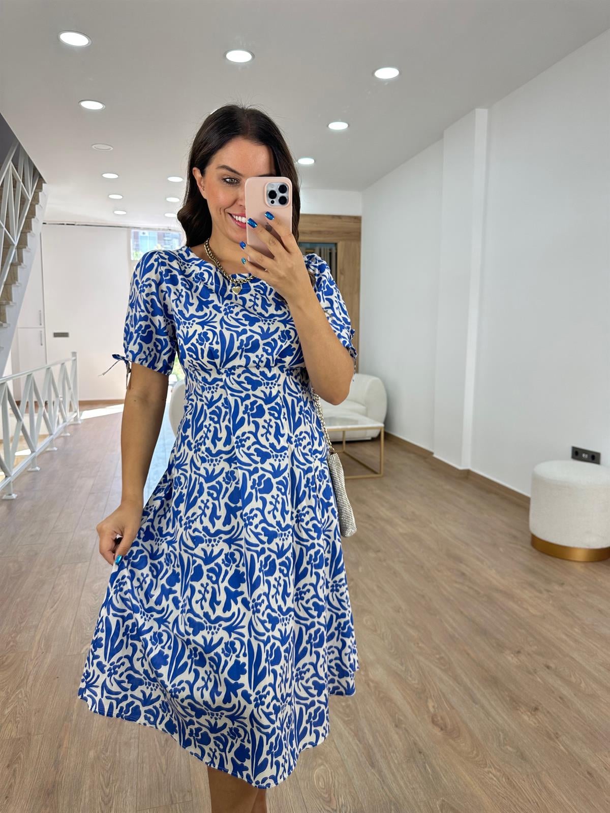 Beli Dikiş Detaylı Kısa Kol Elbise-Mavi