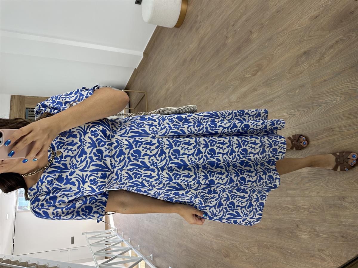 Beli Dikiş Detaylı Kısa Kol Elbise-Mavi