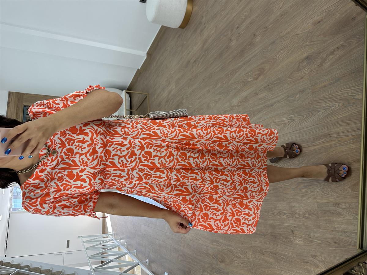 Beli Dikiş Detaylı Kısa Kol Elbise - Turuncu 