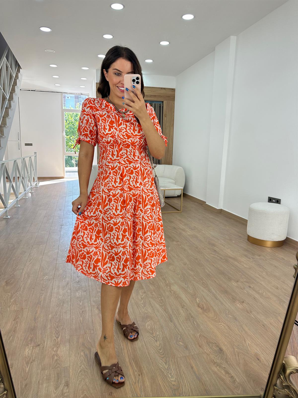 Beli Dikiş Detaylı Kısa Kol Elbise - Turuncu 