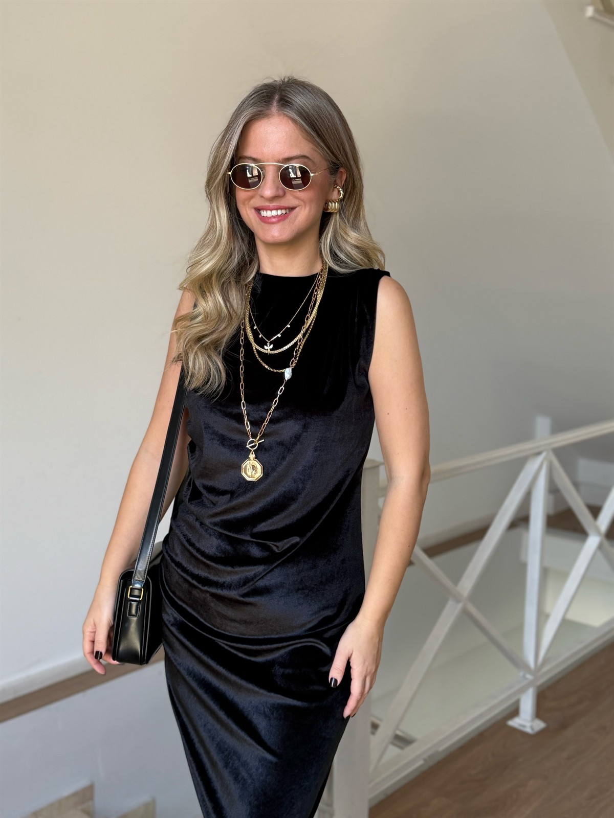 Beli Drapeli Maxi Kadife Elbise - Siyah