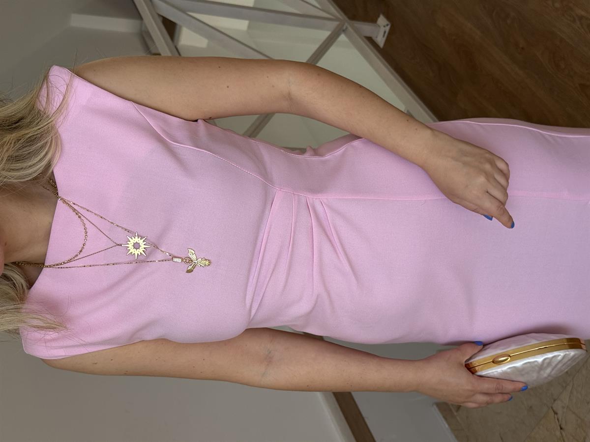 Beli Drapeli Midi Boy Elbise - Pembe