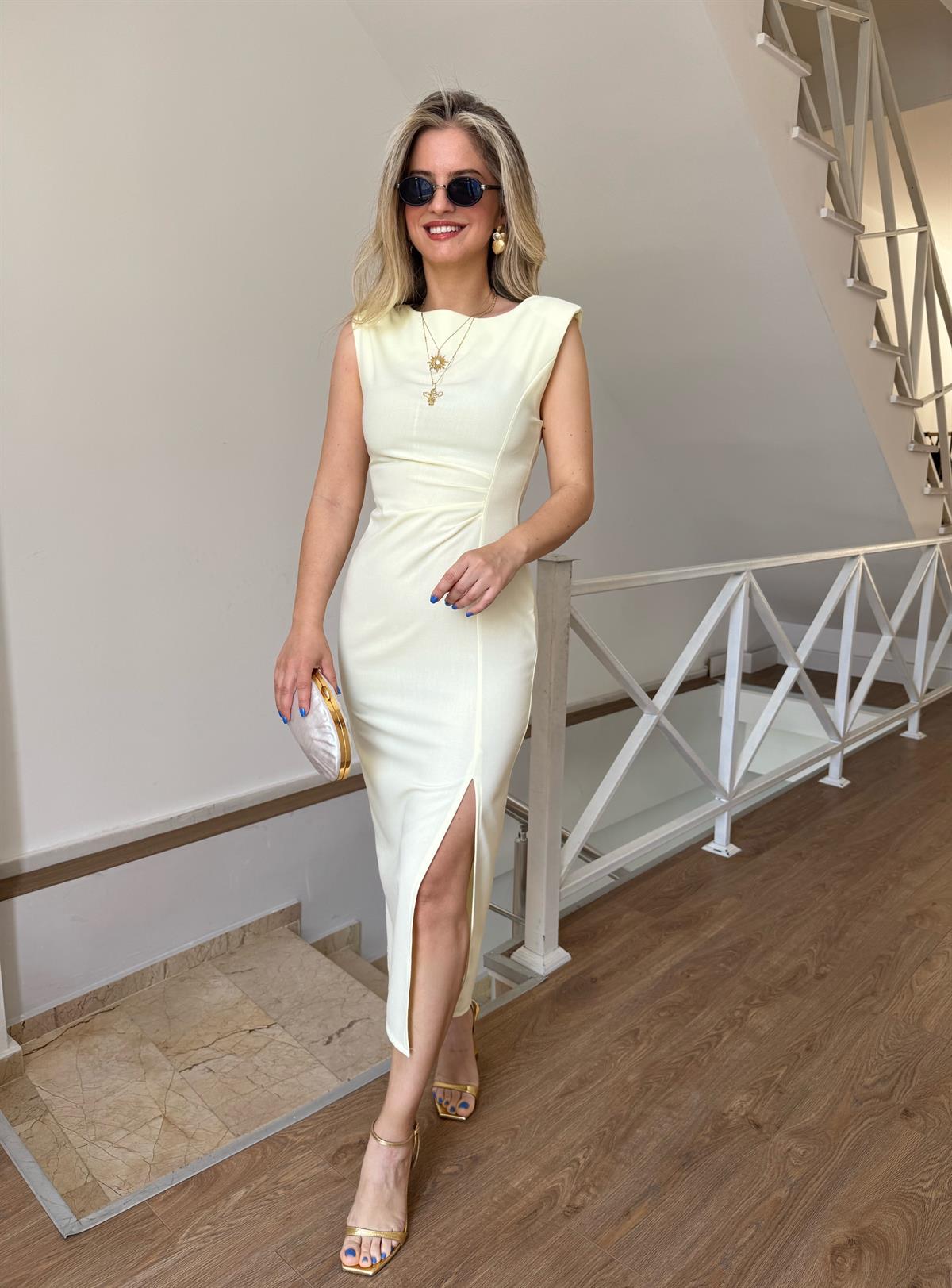 Beli Drapeli Midi Boy Elbise - Sarı