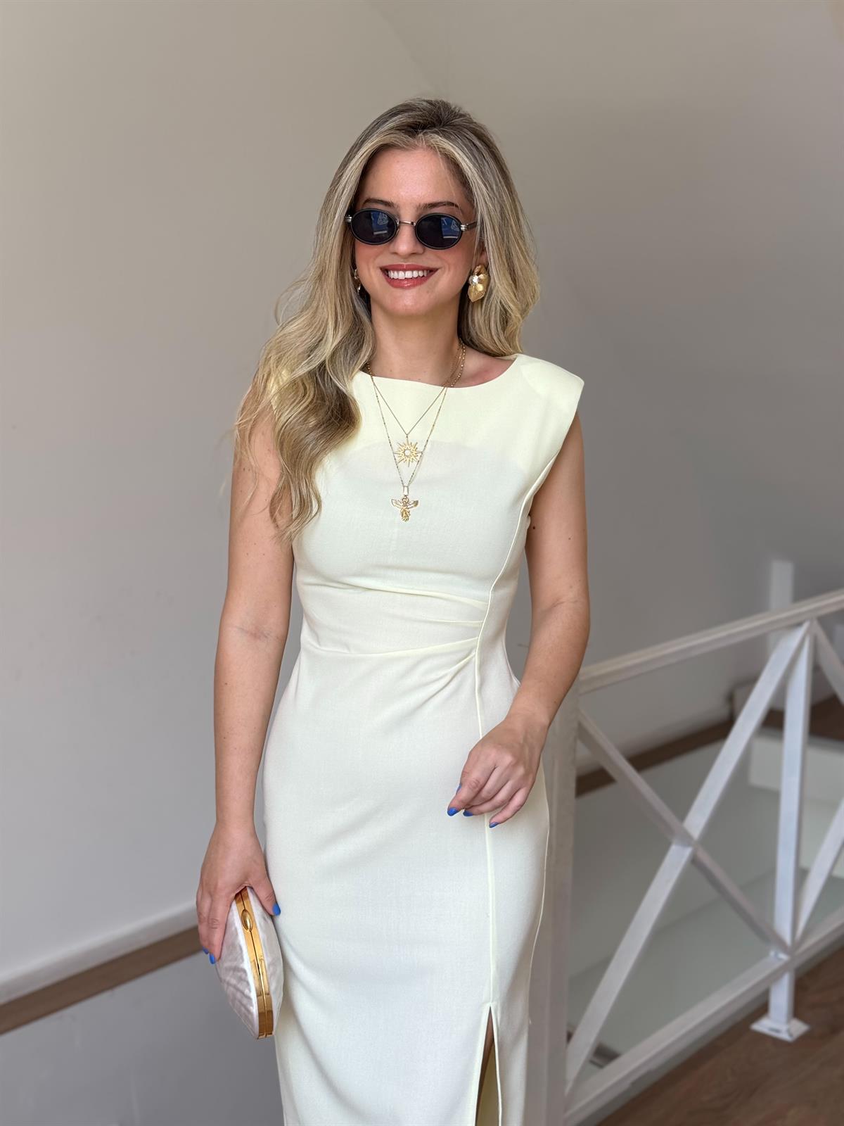 Beli Drapeli Midi Boy Elbise - Sarı