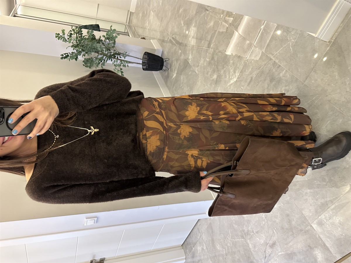 Beli Drapeli Şal Desen Midi Etek