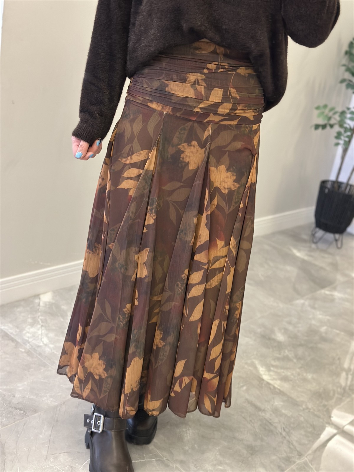 Beli Drapeli Şal Desen Midi Etek