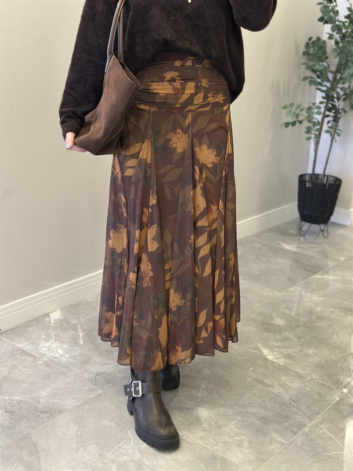 Beli Drapeli Şal Desen Midi Etek