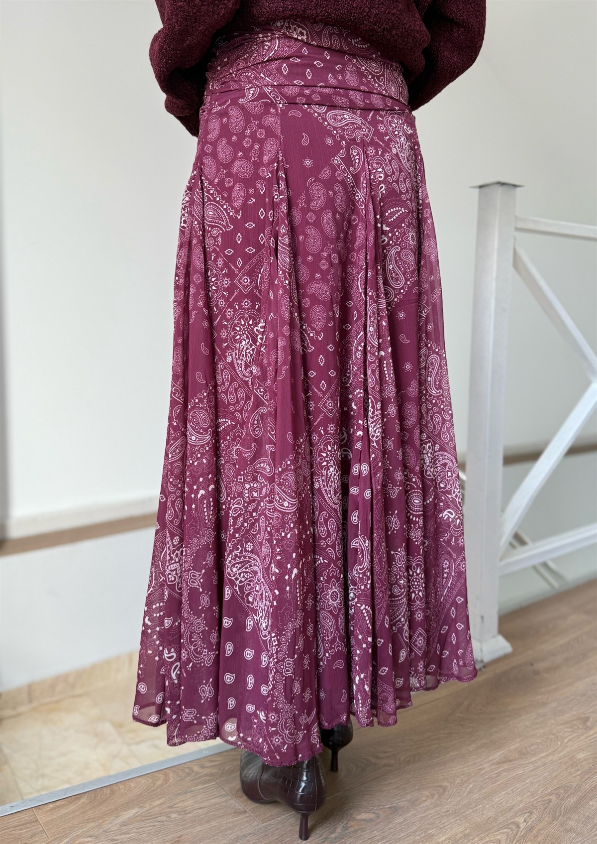 Beli Drapeli Şal Desen Midi Etek - Mürdüm