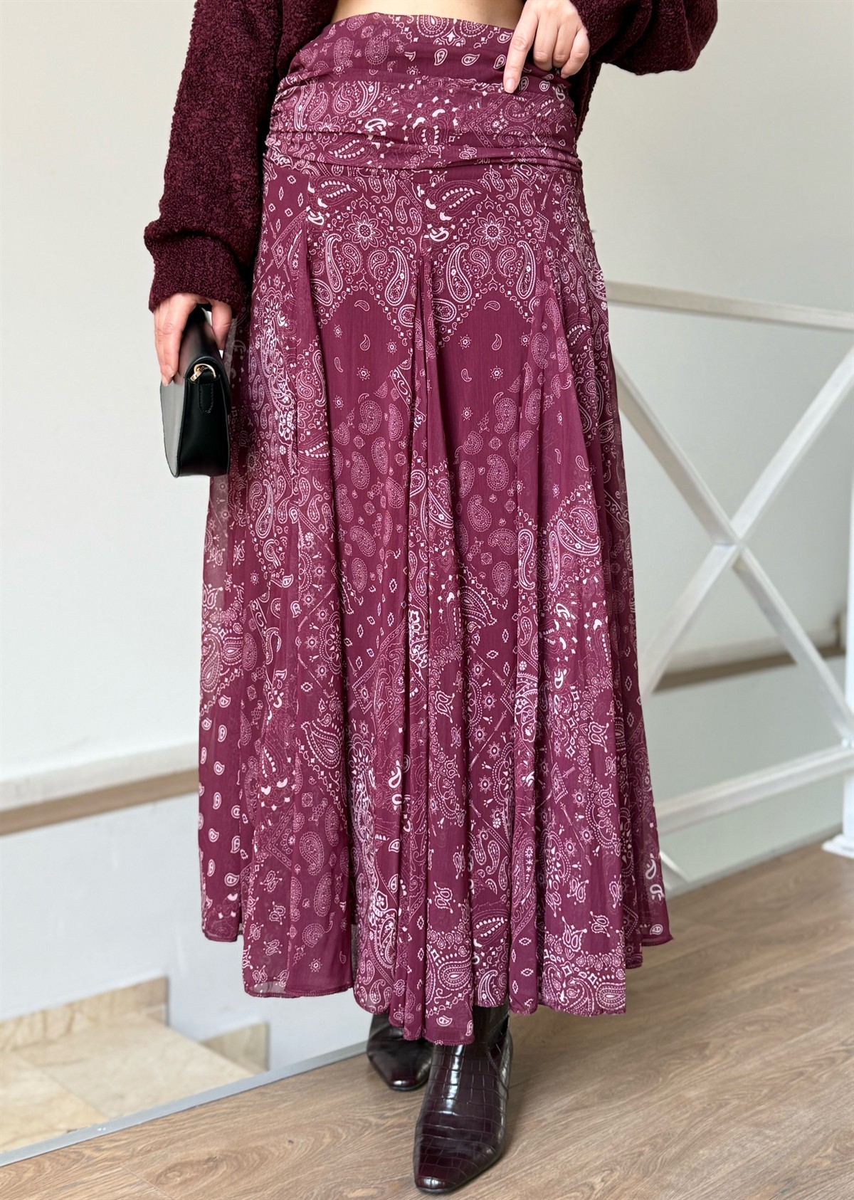 Beli Drapeli Şal Desen Midi Etek - Mürdüm