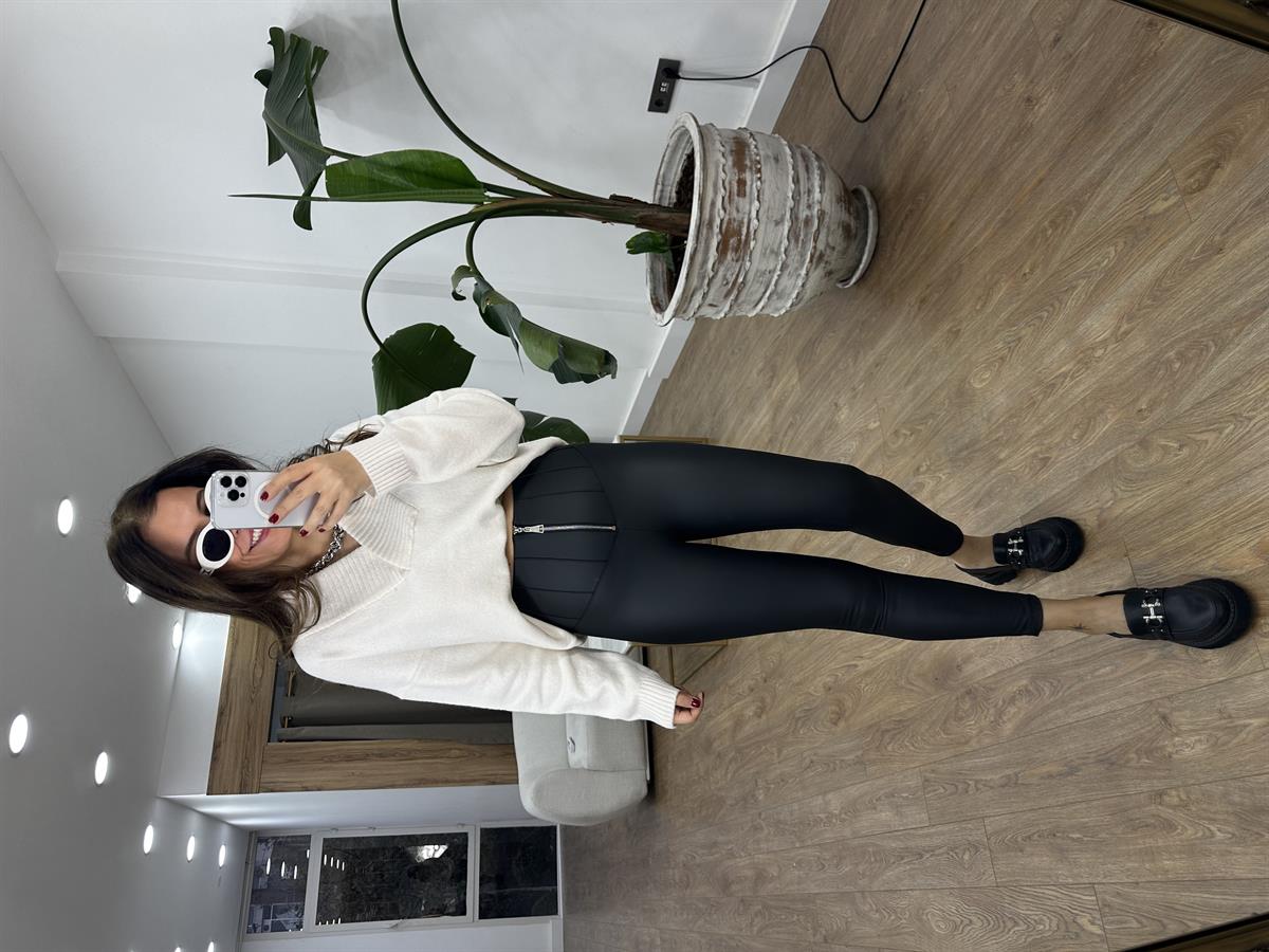 Beli Fermuarlı Deri Nervürlü Pantolon