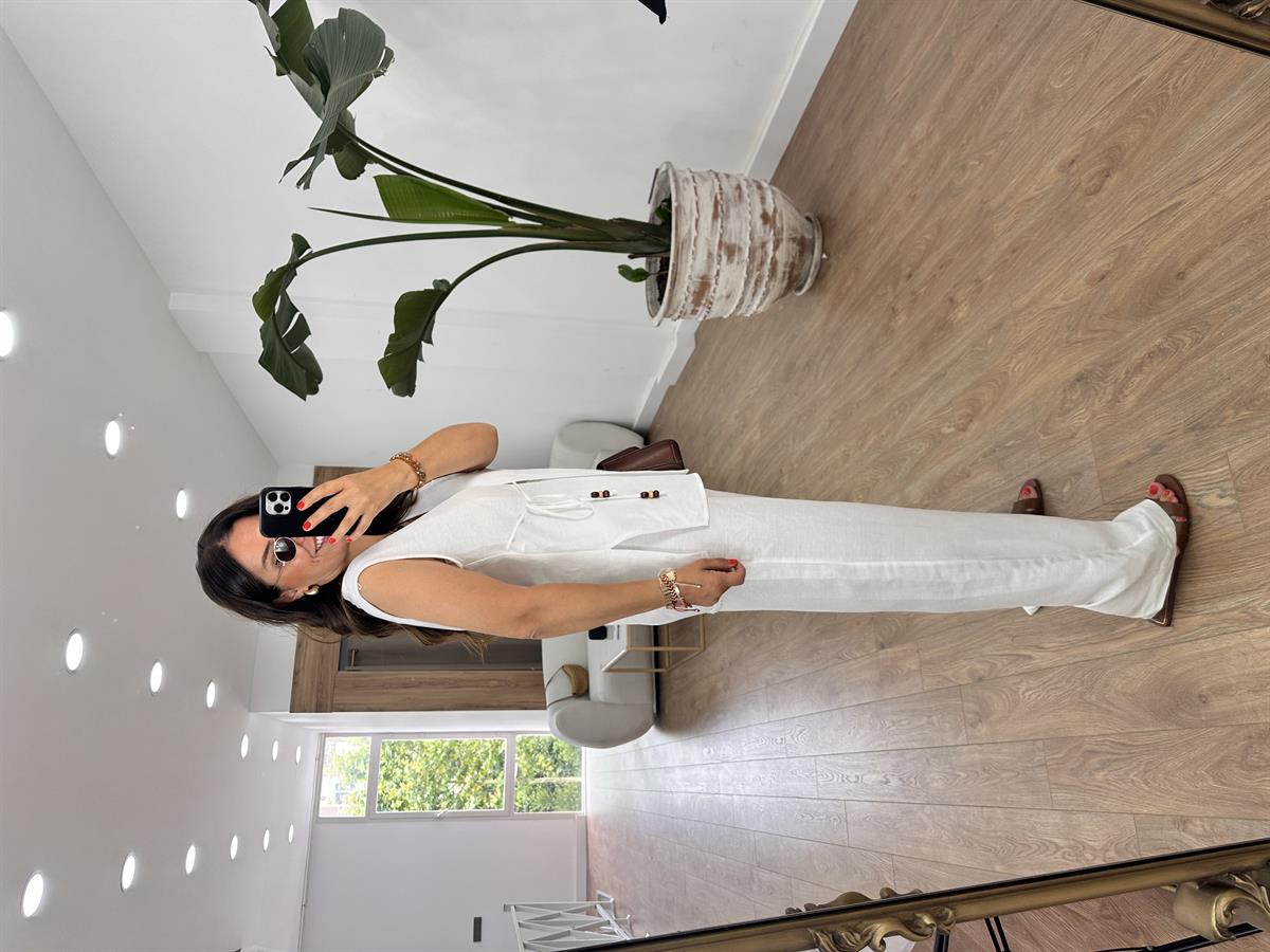 Beli İp Bağlamalı Keten Salaş Takım-Beyaz