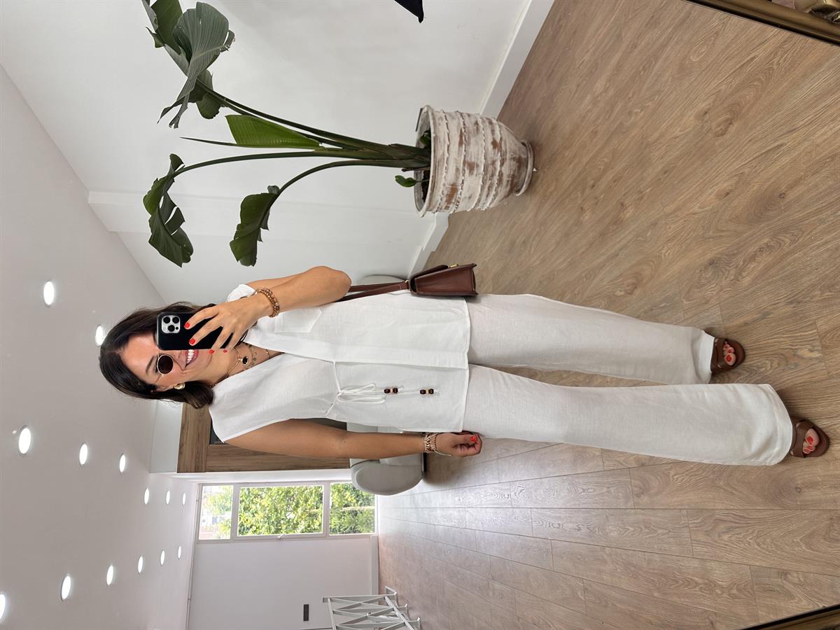 Beli İp Bağlamalı Keten Salaş Takım-Beyaz