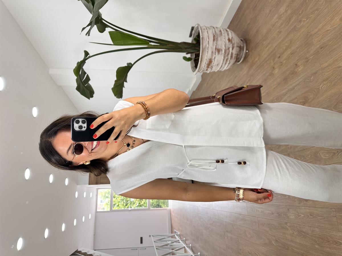 Beli İp Bağlamalı Keten Salaş Takım-Beyaz