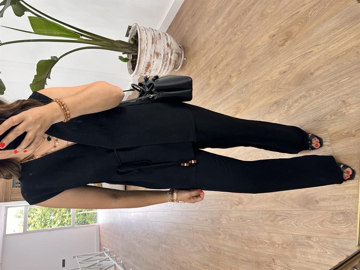 Beli İp Bağlamalı Keten Salaş Takım-Siyah