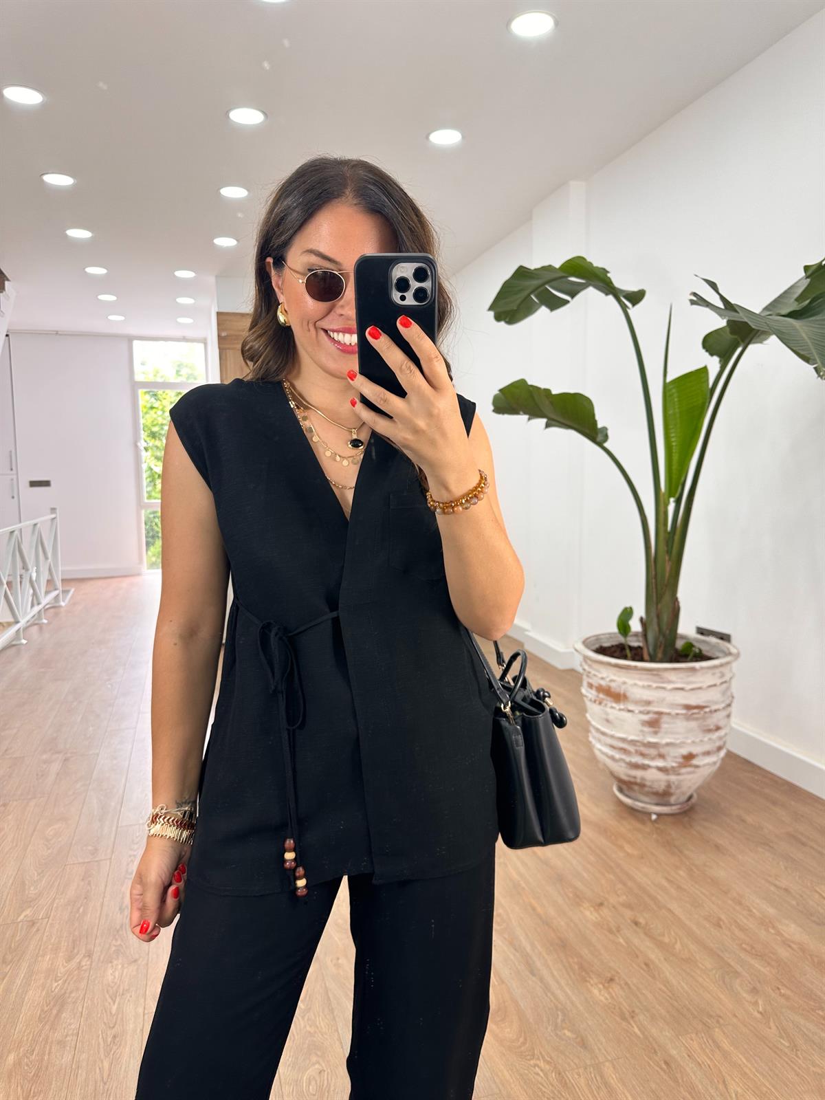 Beli İp Bağlamalı Keten Salaş Takım-Siyah