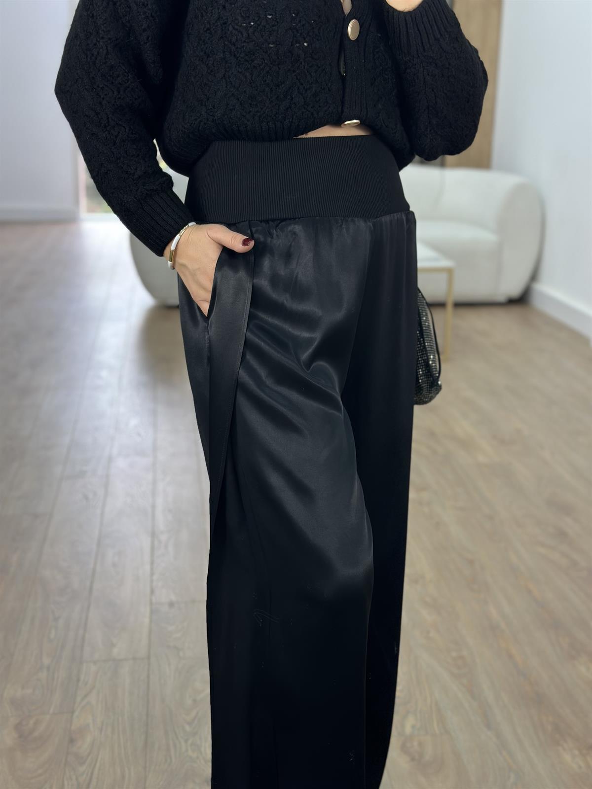 Beli Kalın Lastikli Tasarım Saten Pantolon