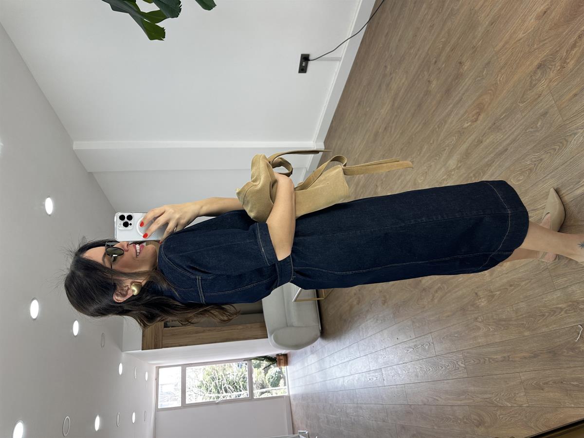 Beli Kuşaklı Denim Midi Elbise 