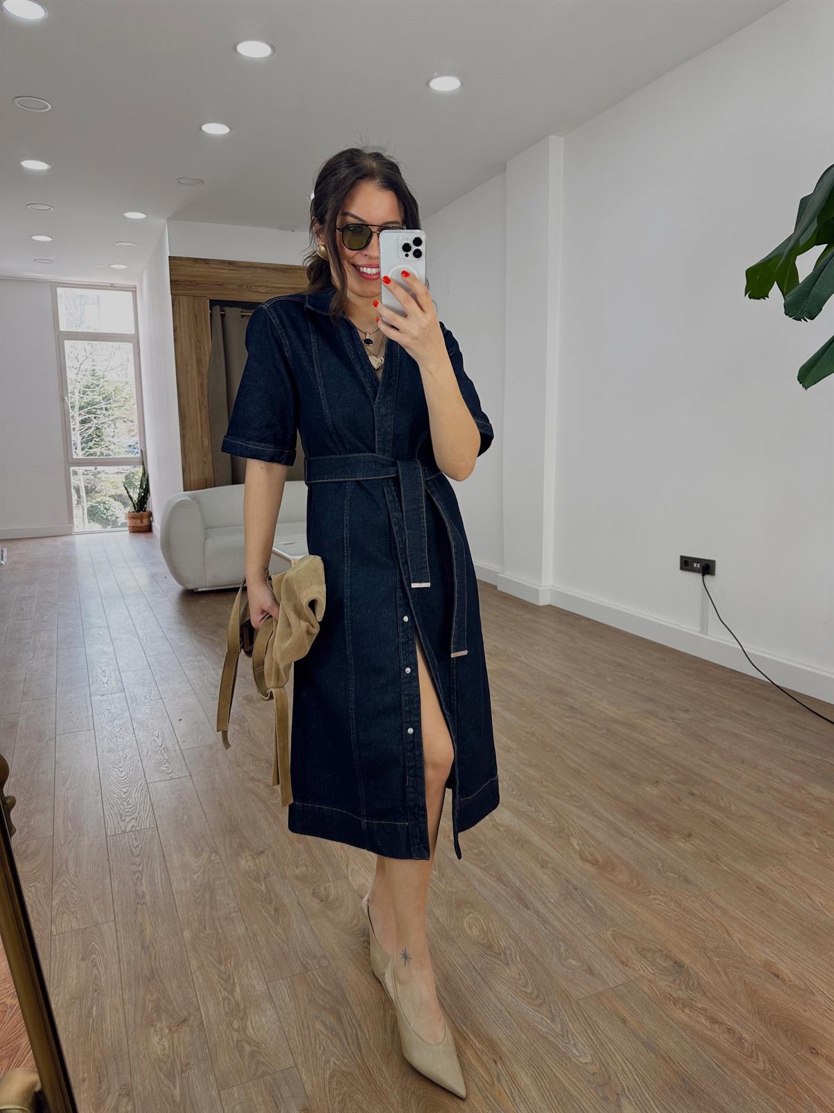 Beli Kuşaklı Denim Midi Elbise 